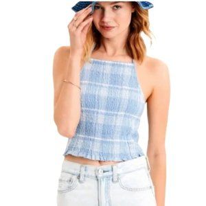 3/25$ 🦋 American Eagle Outfitters Halter Top Smocked Plaid Blue Size M